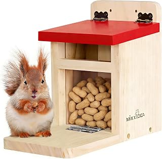 MIXXIDEA Squirrel Feeders for Outside Garden, Wooden Squirrel Feeder Box,Squirrel Feeding Stations with Green Cover, Easy to FillSquirrel Feeding House(Red-1pk)