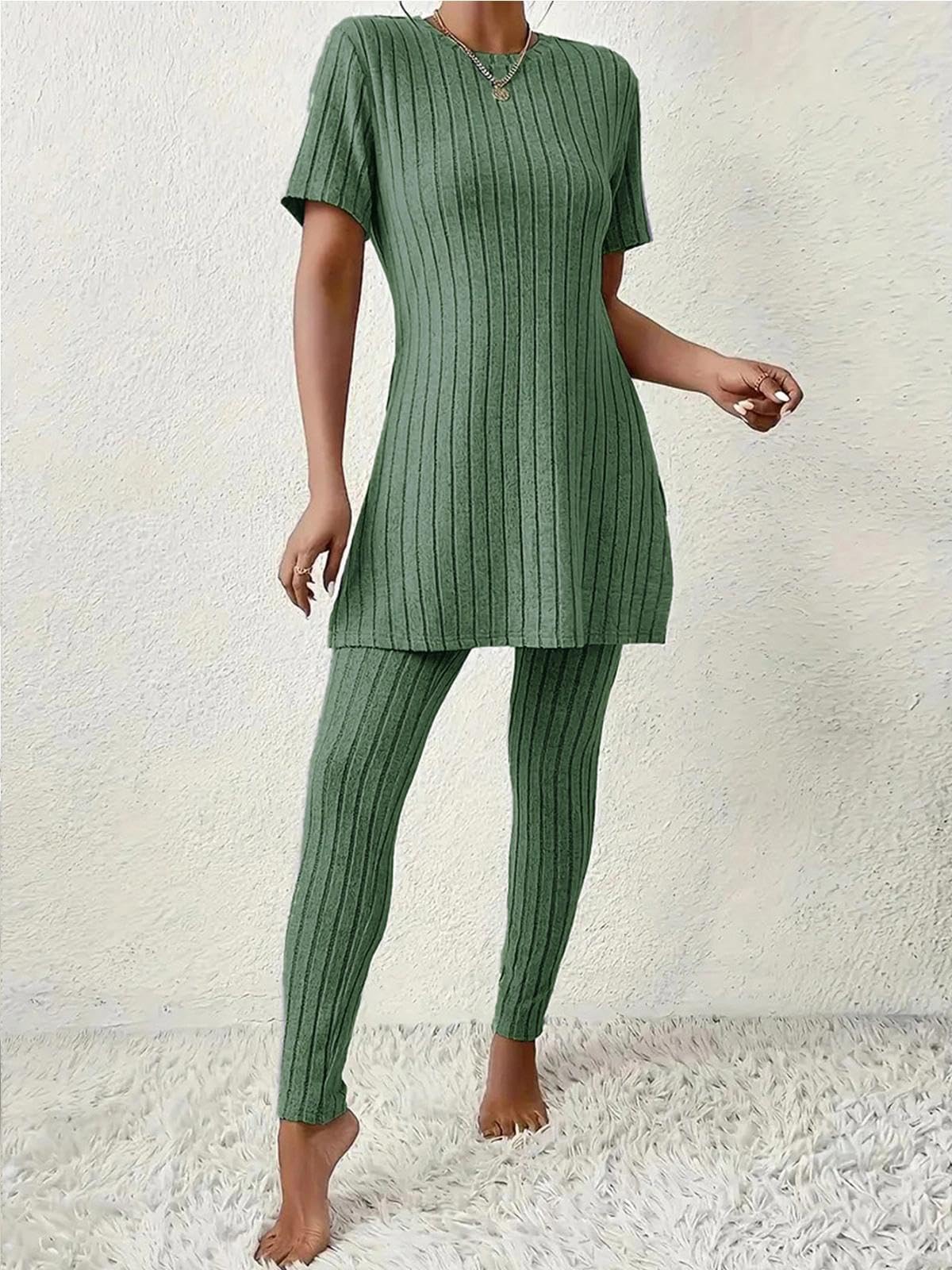 Women's 2 Piece Lounge Set Short Sleeve Top and Long Pants with Side Split Hem, 