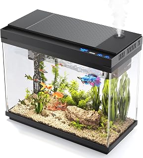 Vehipa Fish Tank, 2.4-Gallon Aquarium Starter Kit with 3-in-1 Quiet Pump | Smart Humidifier, Temp Display, 7-Color LED, Filter, Aeration & Circulation