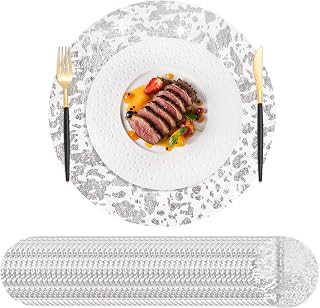 Hysenm 50 Pcs Silver Disposable Placemats Set Ultra-Thin Table Doilies Mat