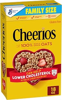 Cheerios, Heart Healthy Gluten Free Breakfast Cereal, Family Size, 18 oz | 100% Whole Grain Oats, Soluble Fiber for Cholesterol, 34g Whole Grain, 11 Vitamins & Minerals