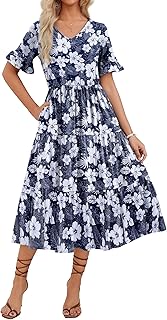 Zeagoo Women's Summer Dress Casual V-Neck Floral Short Sleeve Ruffle Beach Dress with Pockets