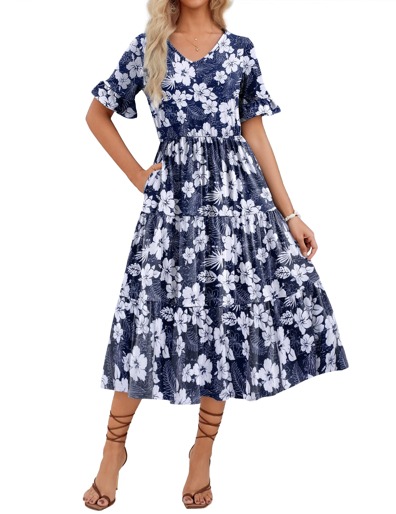 Zeagoo Women's Summer Dress Casual V-Neck Floral Short Sleeve Ruffle Beach Dress