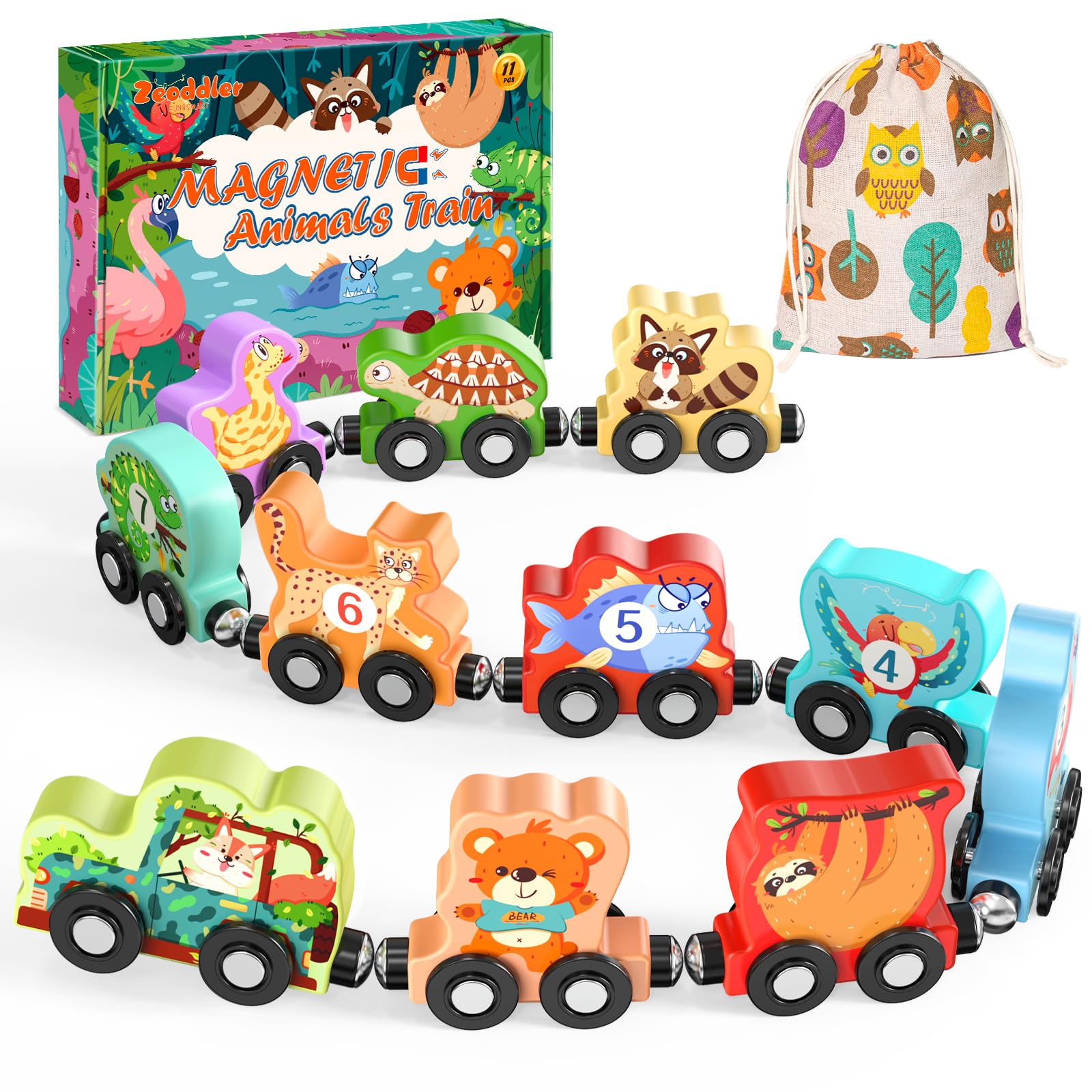 Zeoddler Toys for Toddlers, 11 Magnetic Wooden Animals Train Set, Montessori Toy