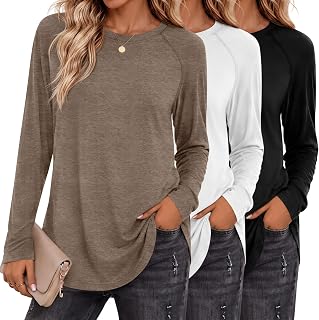 Ficerd Pack of 3 Women's Long Sleeve T-Shirt Crew Neck Raglan Sleeve Loose Fit Side Slits