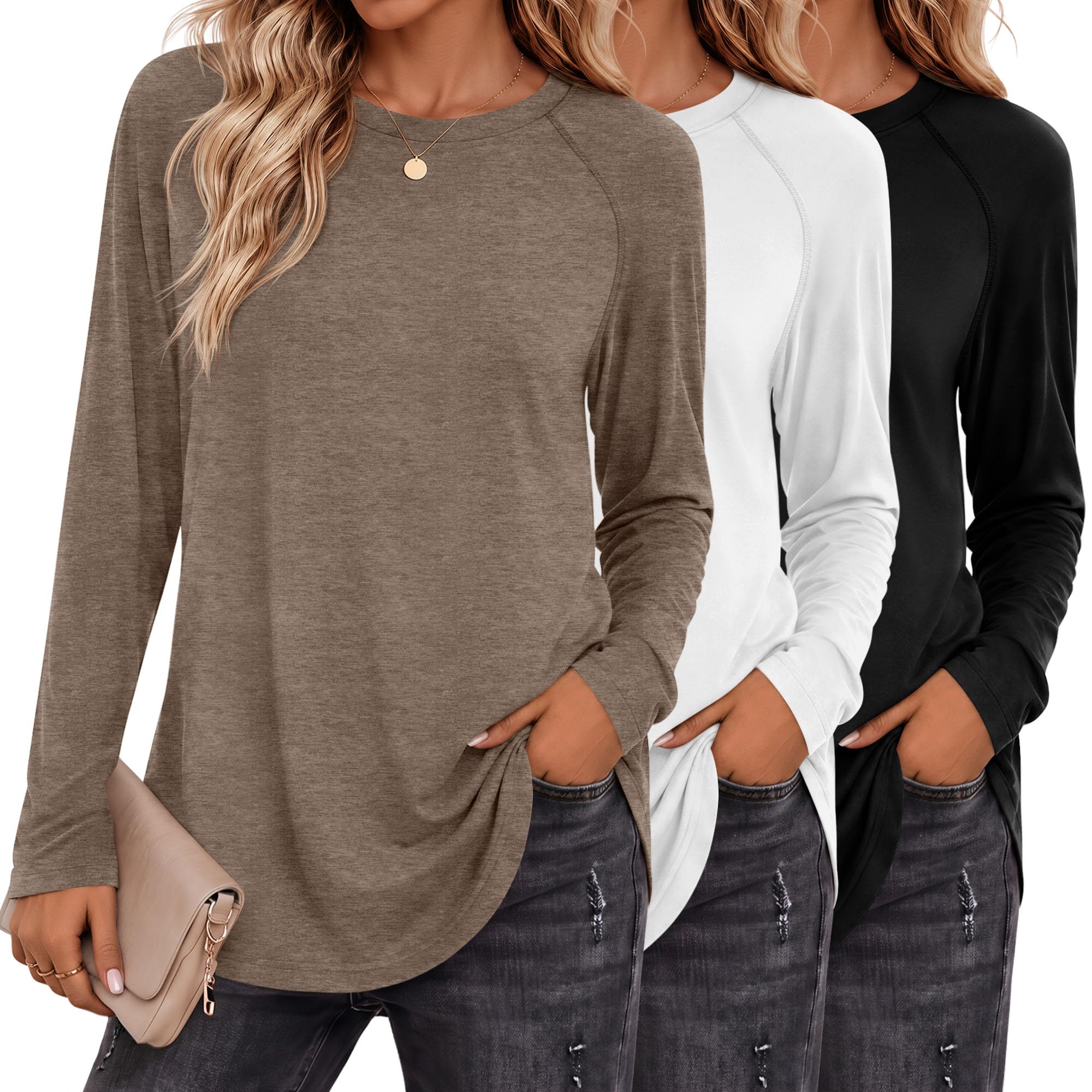 Ficerd Pack of 3 Women's Long Sleeve T-Shirt Crew Neck Raglan Sleeve Loose Fit S