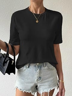 Womens T Shirt Summer Casual Round Neck T Shirts Black XL