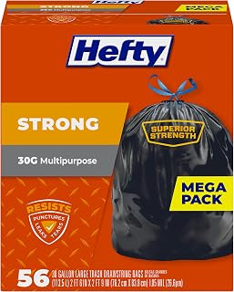 Hefty Strong 30 Gallon Trash Bags, Large Trash Bags 30 Gallon Size, Durable Drawstring Enclosure, Resists Punctures, Leaks, and Tears, Black, Unscented, 56 Bags