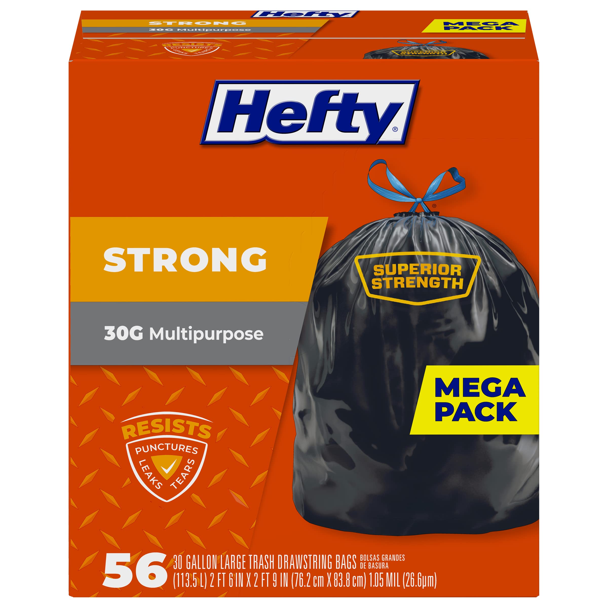 Hefty Strong 30 Gallon Trash Bags, Large Trash Bags 30 Gallon Size, Durable Draw
