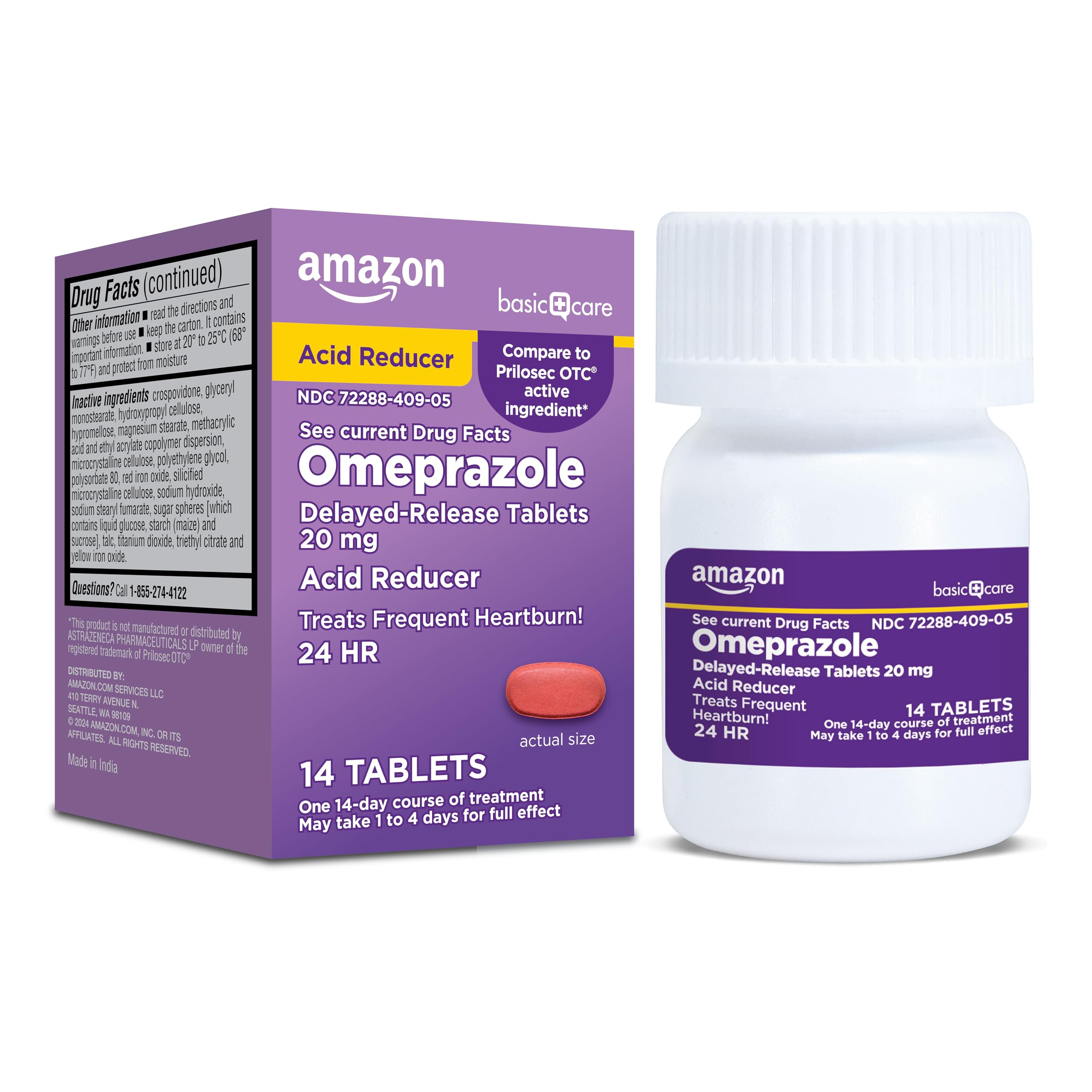 Amazon Basic Care Omeprazole Delayed Release Tablets 20 mg, Acid Reducer, 14 Cou