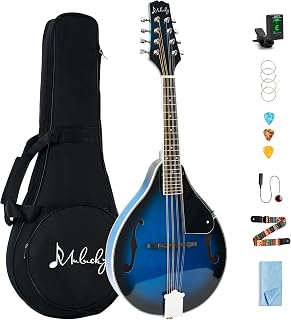 Mulucky A Style 8 String Acoustic Mandolin, Blue Finish Beginner Solo Kit | A-Style 8-String Mandolin: Elegant blue finish with rich, bright sound. Complete kit includes a gig bag, tuner, and picks.