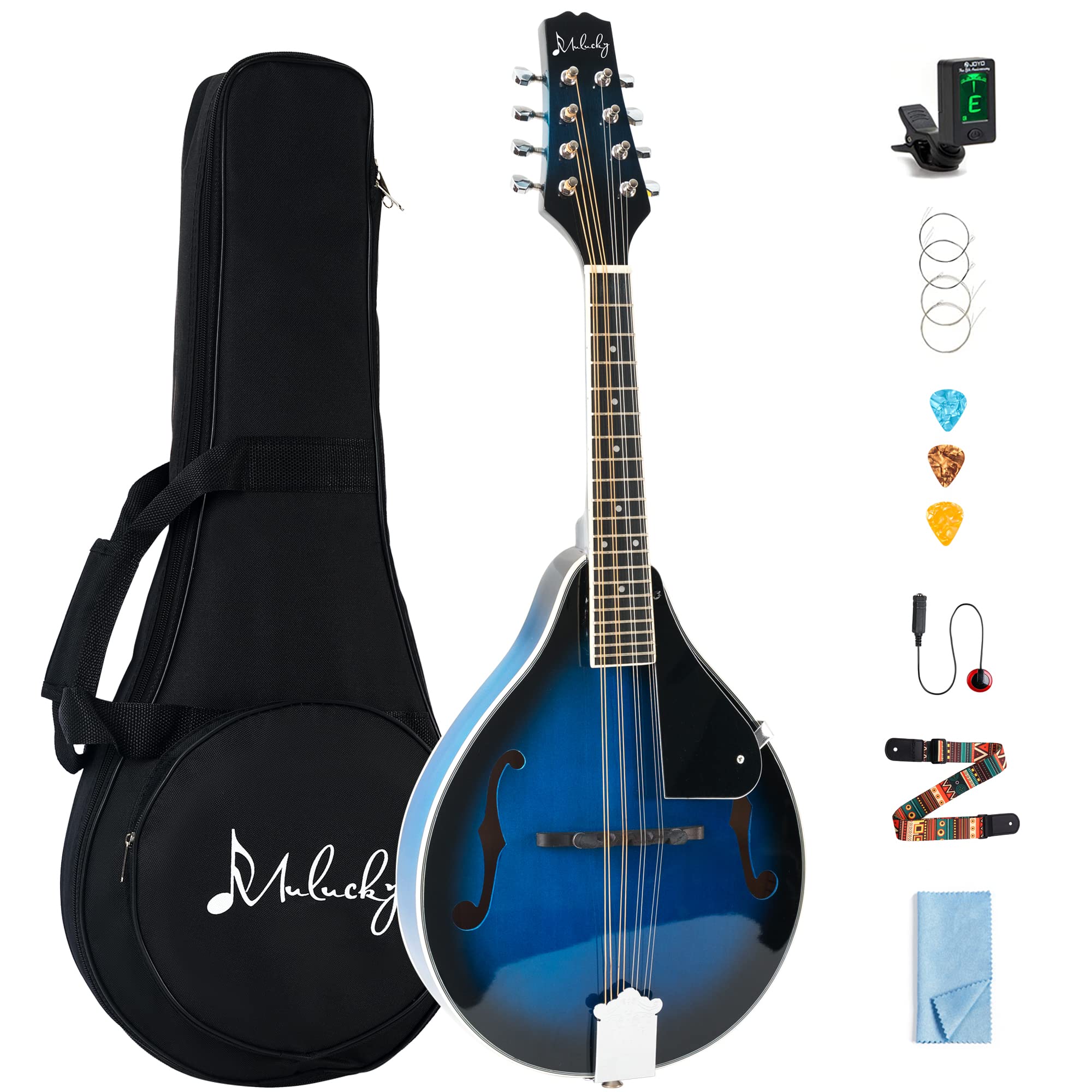 Mulucky A Style 8 String Acoustic Mandolin, Blue Finish Beginner Solo Kit | A-St