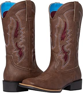 J‘s.o.l.e Women's Cowboy Boots – Mid Calf Square Toe Pull-On Womens Western Boots, Cowgirl Boots Women with Breathable CutOut Embroidered Low Block Heel, Lightweight Comfort Brown