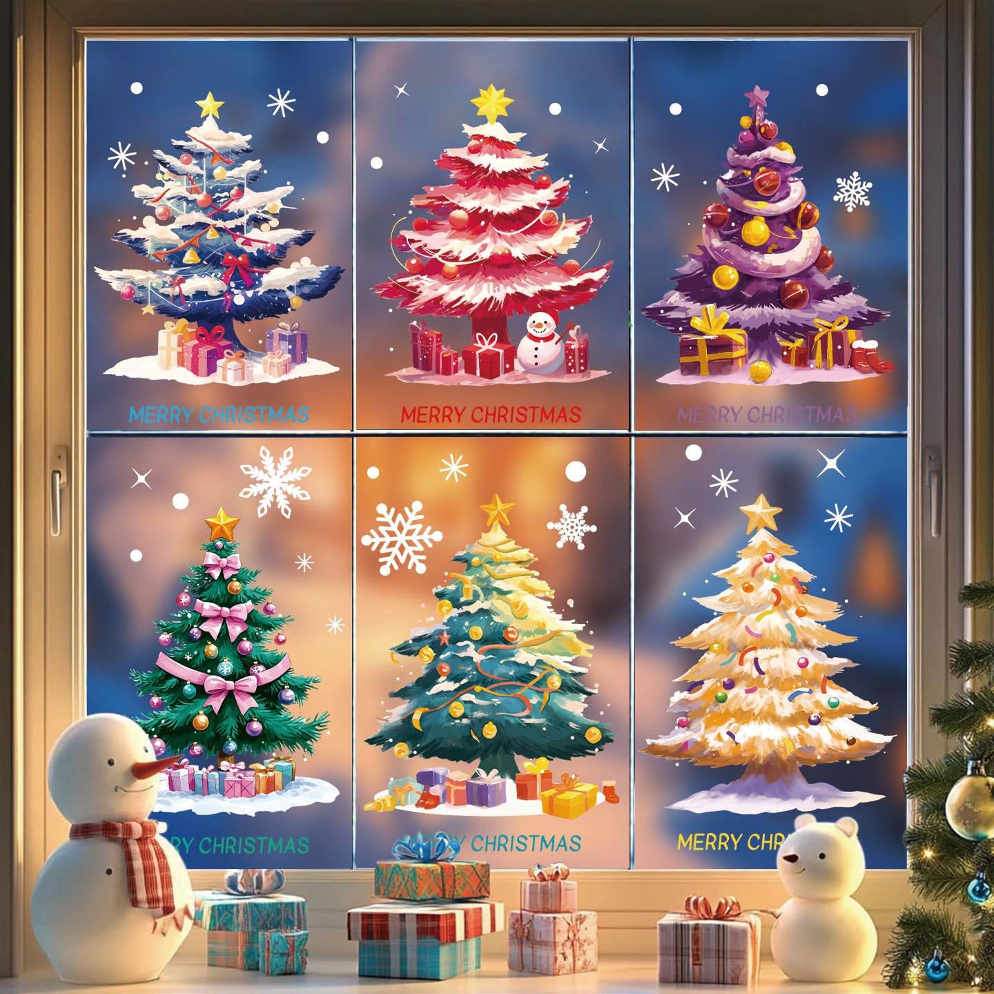 2 Pcs Christmas Window Stickers Christmas Tree Snowflake Static Removable Party 