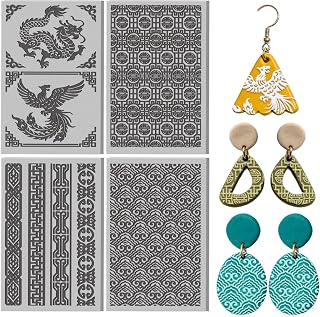 CONCHLERY 4 Pcs Oriental Textures Pattern Polymer Clay Texture Sheet Rubber Clay Texture Mat for Polymer Clays Making Earrings Jewelry DIY Crafts 4 × 2.5 Inch