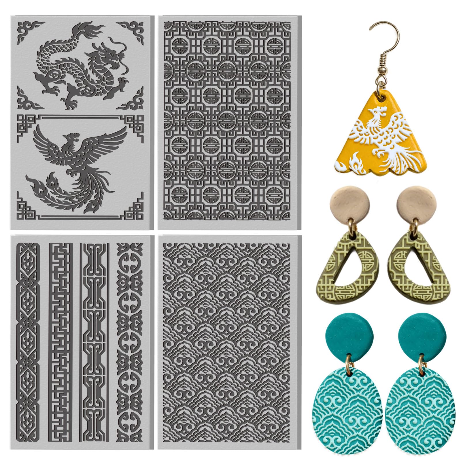 CONCHLERY 4 Pcs Oriental Textures Pattern Polymer Clay Texture Sheet Rubber Clay