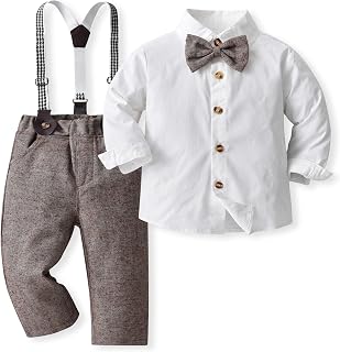 Volunboy Baby Boy Gentleman Set, Plaid Shirt with Bow Tie + Suspenders Pants 4 Pieces Suit Clothes