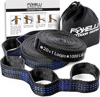 Foxelli XL Hammock Straps - Extra Long 20FT Heavy Duty No-Stretch Suspension System, 40+2 Loops, 2000 LBS Capacity, for Indoor/Outdoor Use – Set of 2 Straps & Carry Bag