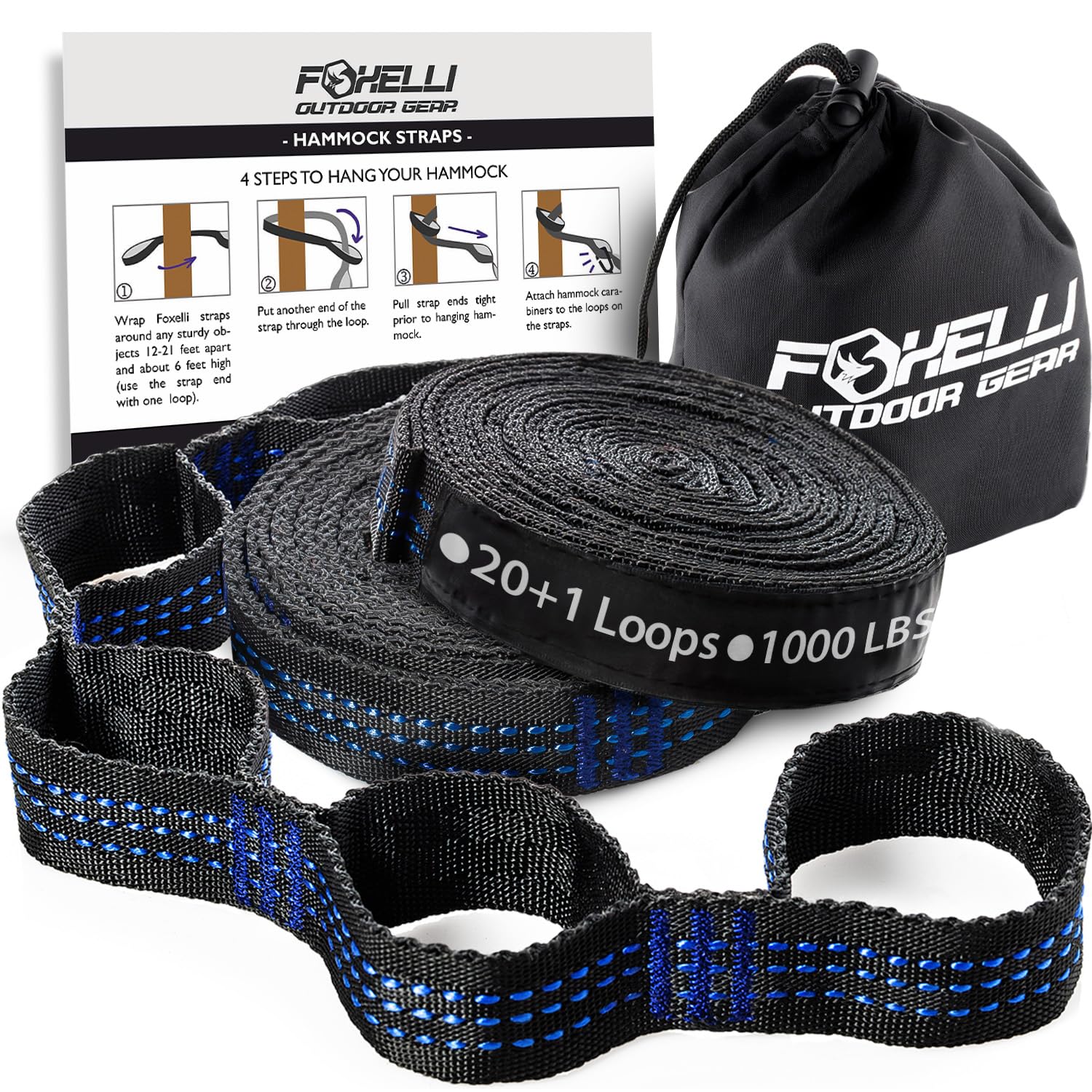 Foxelli XL Hammock Straps - Extra Long 20FT Heavy Duty No-Stretch Suspension Sys