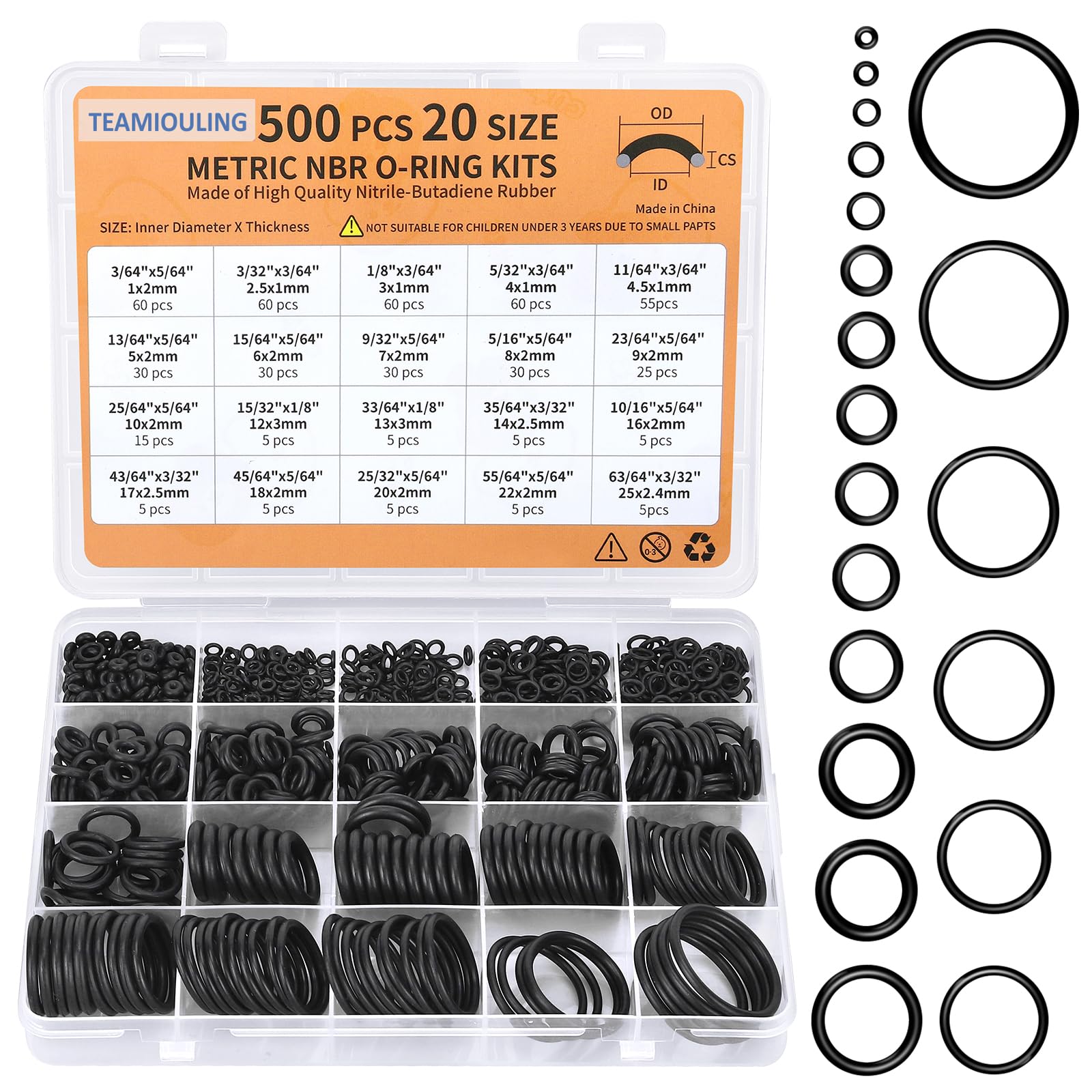 500 Pcs 20 Sizes O Rings Kit,Rubber O-Ring Assortment Kit, Rubber Washers Pressu