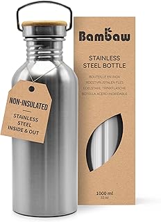 Bambaw Non-Insulated Stainless Steel Water Bottle 1000 ml, Eco-Friendly Non-Thermal, Stainless Steel Canteen, Easy to Clean, Reusable Water Bottle, Children's Water Bottle (Natural Steel)