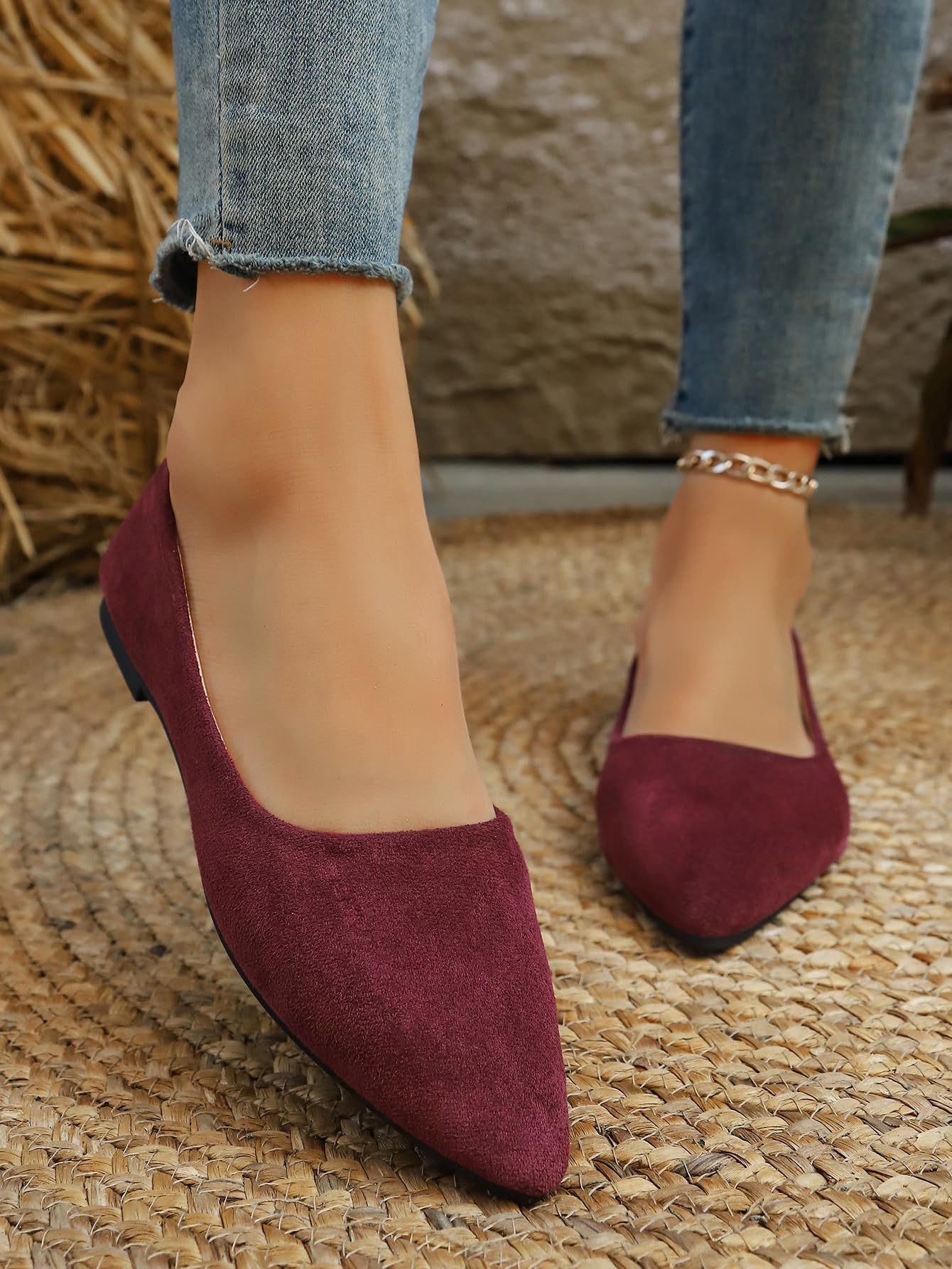 Women's Pointed Toe Ballet Flats - Comfortable Faux Suede Ballet Flats with Rhin