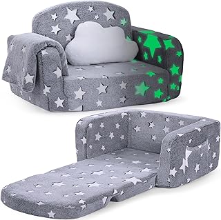 Kids Couch, 2-in-1 Soft Toddler Couch Fold Out with Blanket and Cloud Pillow, Glow in The Dark, Toddler Chair Comfy, Convertible Sofa, Gifts for Kids Girl Boys, Grey Star