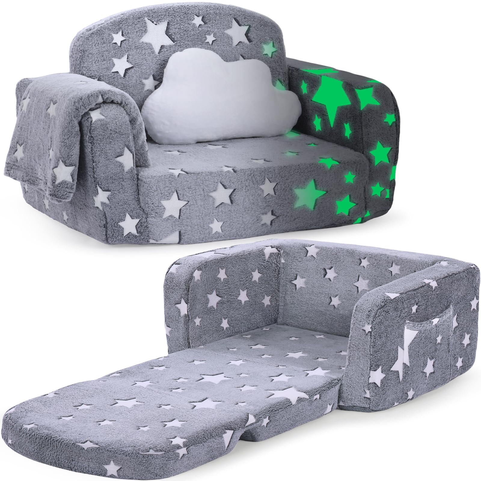 Kids Couch, 2-in-1 Soft Toddler Couch Fold Out with Blanket and Cloud Pillow, Gl