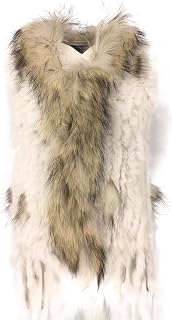 Women's 100% Natural Knit Rabbit Fur Vest With Raccoon Fur Collar