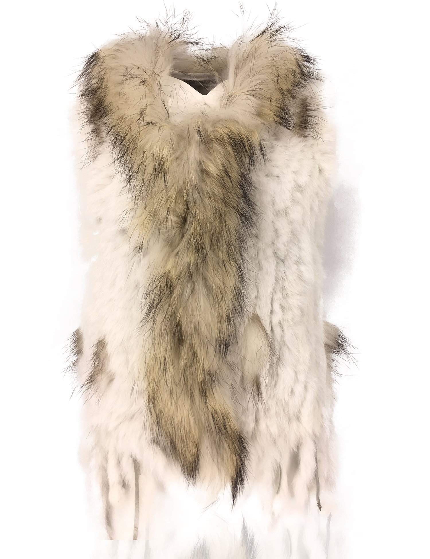 Women's 100% Natural Knit Rabbit Fur Vest With Raccoon Fur Collar