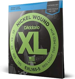 D'Addario EXL165 5-String Nickel Wound Bass Guitar Strings, Custom Light, 45-135, Long Scale