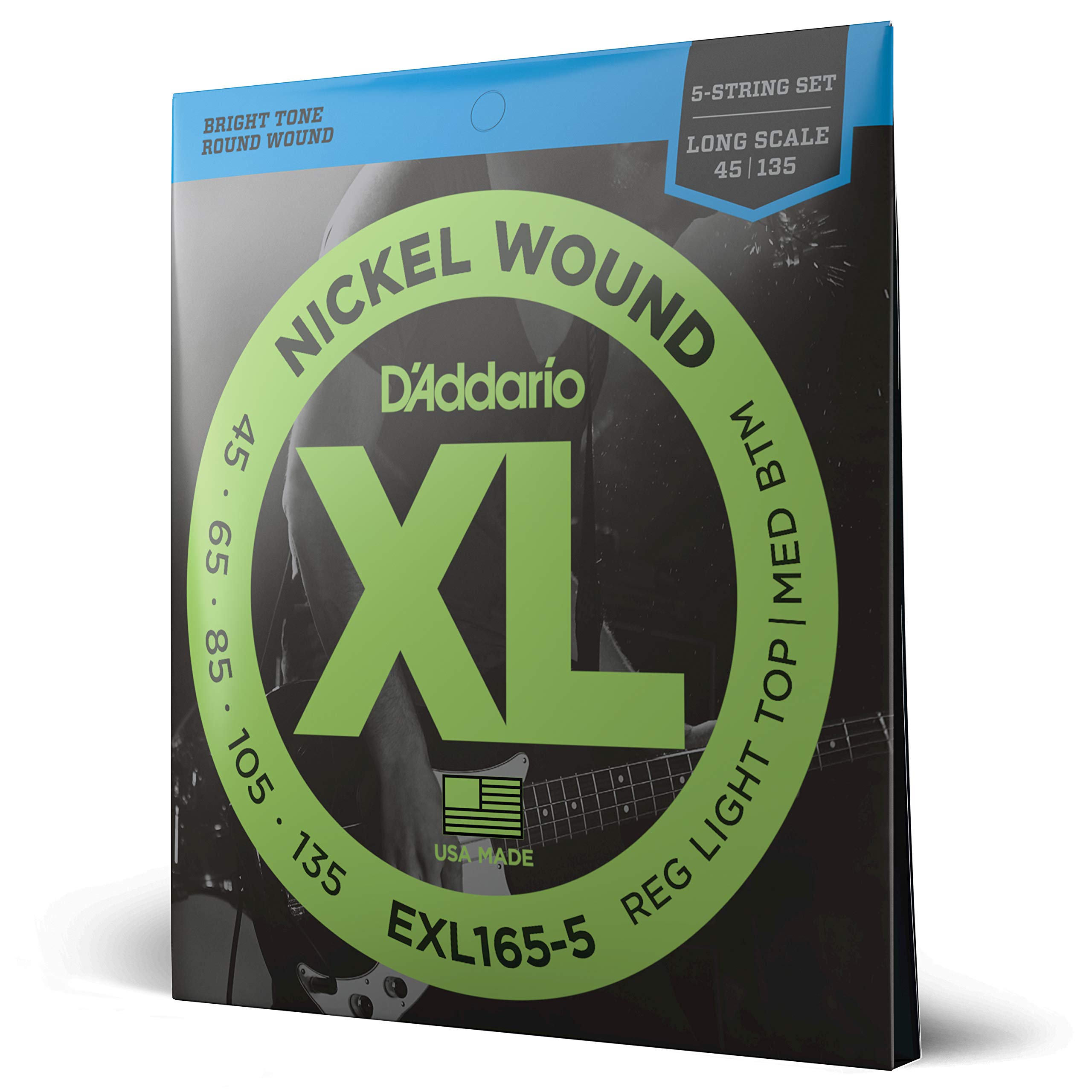 D'Addario EXL165 5-String Nickel Wound Bass Guitar Strings, Custom Light, 45-135