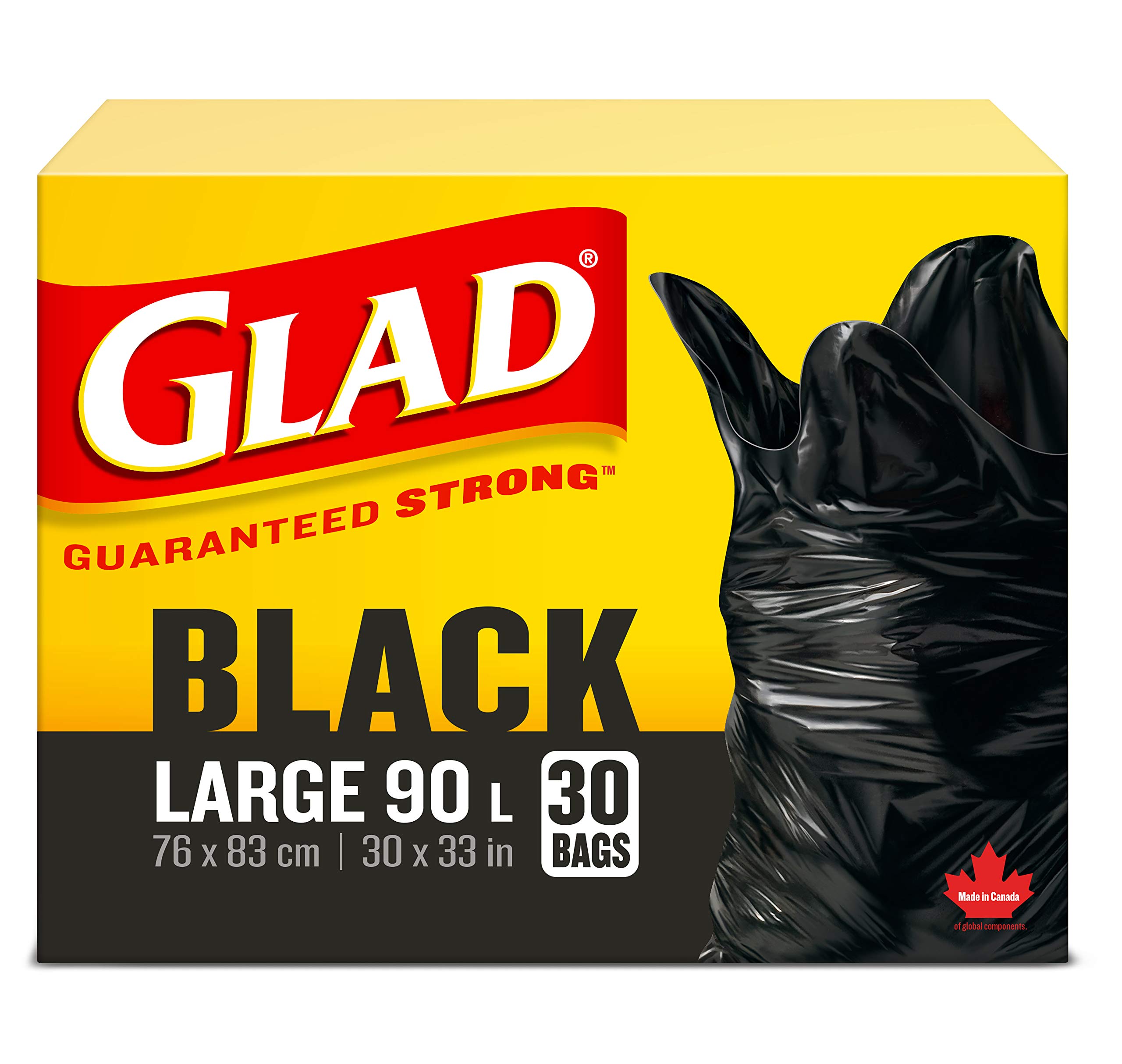 Glad Black Garbage Bags - Large 90 Litres- 30 Trash Bags, Made in Canada of Glob