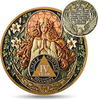 EXY 4 Year Sobriety Coin | Mucha Elegant Goddess Design | 3D Texture AA NA Medallions & Recovery Chips | Anniversary Sobriety Gift Set with Token Capsule, Stand & Card for Men Women