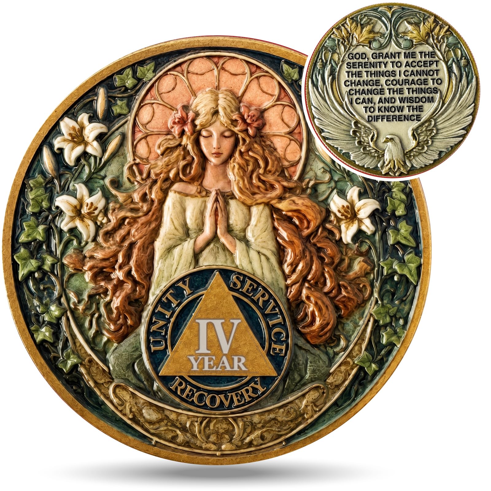EXY 4 Year Sobriety Coin | Mucha Elegant Goddess Design | 3D Texture AA NA Medal