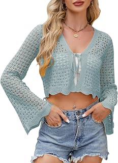 Women Cropped Cardigan with Knot Front Crochet Bolero Shrug Sweater Bell Sleeve