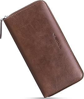 VISOUL Leather Long Zip Clutch Cash Wallets for Men and Women with RFID Blocking Zipper Coin Pocket 12 Card Slots (Brown)