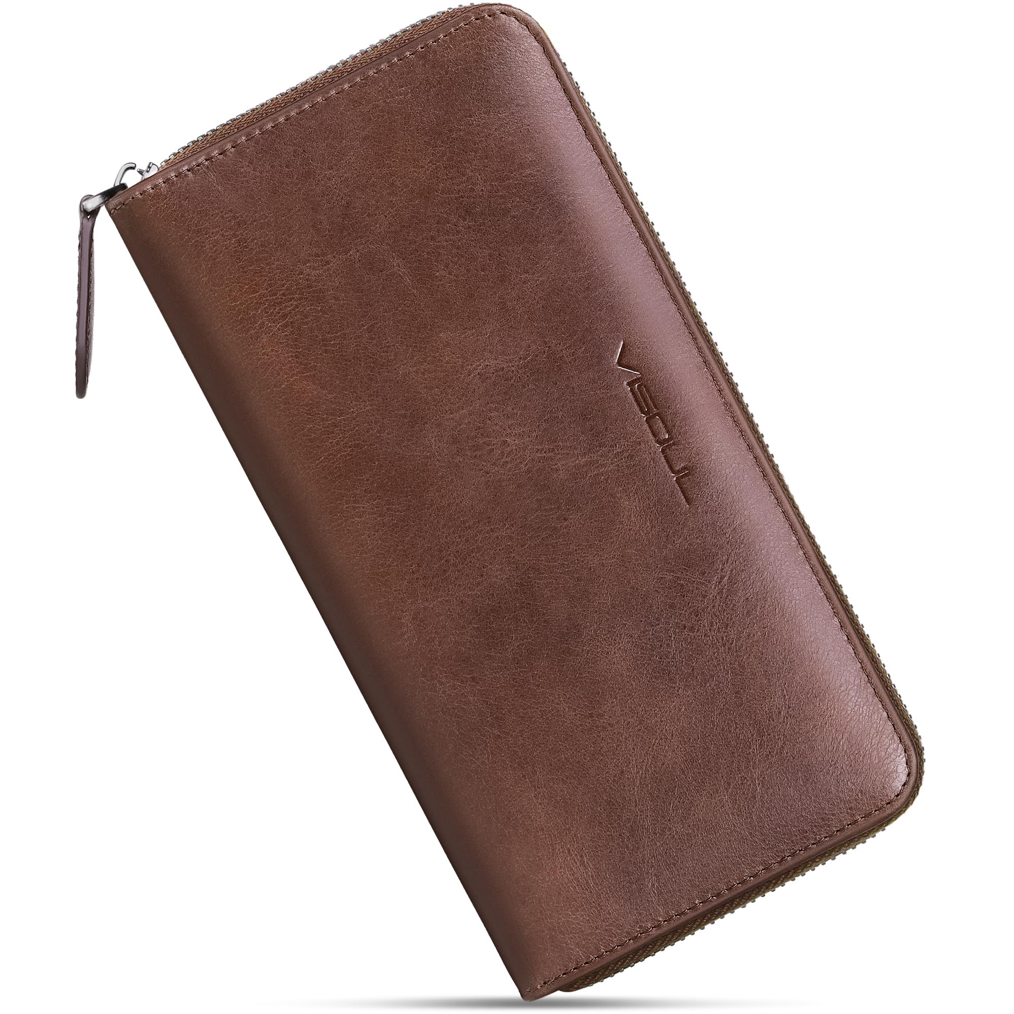 VISOUL Leather Long Zip Clutch Cash Wallets for Men and Women with RFID Blocking