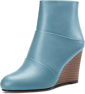 HDEUOLM Women's High Wedge Heel Closed Round Toe Ankle Boots 8.5 cm Heels Slip-on Zip Cute Shoes