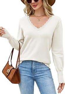 Famulily Womens Sweaters UK Scalloped V Neck Sweaters Ladies Classic Long Sleeve Pullover Tunic Autumn Winter Tops S-XL