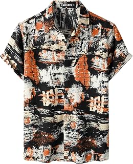 PARKLEES Men's Cotton Linen Stylish Pattern Printed Hawaiian Shirt Casual Short Sleeve Button Down Beach Shirts
