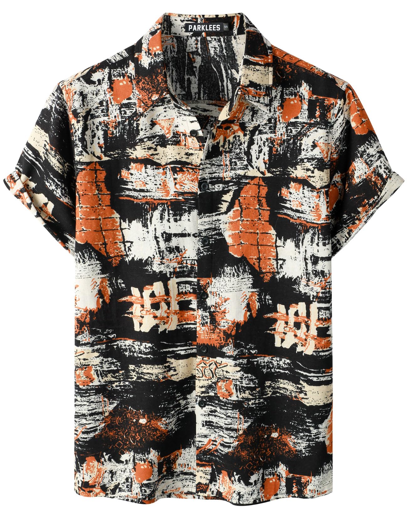 PARKLEES Men's Cotton Linen Stylish Pattern Printed Hawaiian Shirt Casual Short 