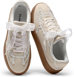 Vilanva Women's Lace Detail Fashion Sneakers Comfortable Casual Dress Sneakers with Retro Gum Sole Walking Trendy Footwear