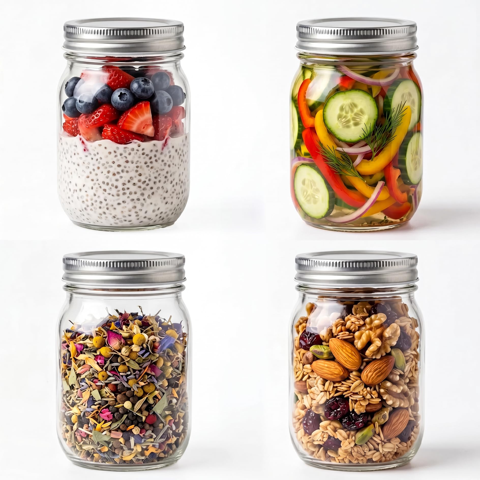 YINGERHUAN Glass Regular Mouth Mason Jars, 16 oz Clear Glass Jars with Silver Me