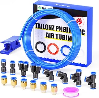 TAILONZ Blue 6mm OD 4mm ID PU Pneumatic Tube & Fittings Hose Kit, 10M | Push Connect Tube Fittings, Leakproof Design, High Flexibility Hose, Easy DIY Assembly for Air Compressor System