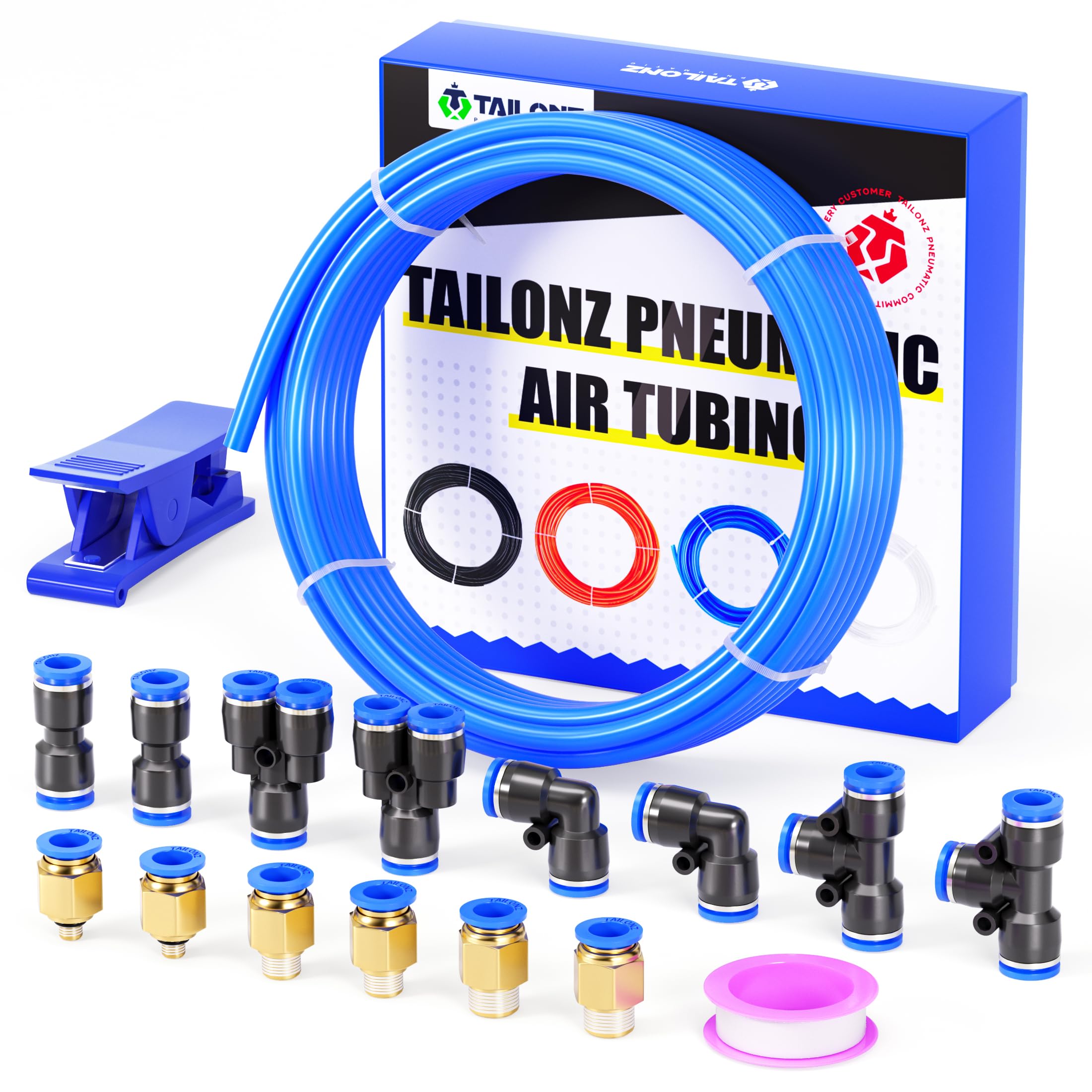 TAILONZ Blue 6mm OD 4mm ID PU Pneumatic Tube & Fittings Hose Kit, 10M | Push Con