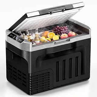 Stainless Lid 12V Car Refrigerator, 32QT Electric Cooler, Plug in Cooler | -4℉~68℉ Cooler for Car, 12V Cooler, LED Light, 45dB Quiet, 3-Stage Batt Protect, 12/24V DC & AC, 45mm Insulation