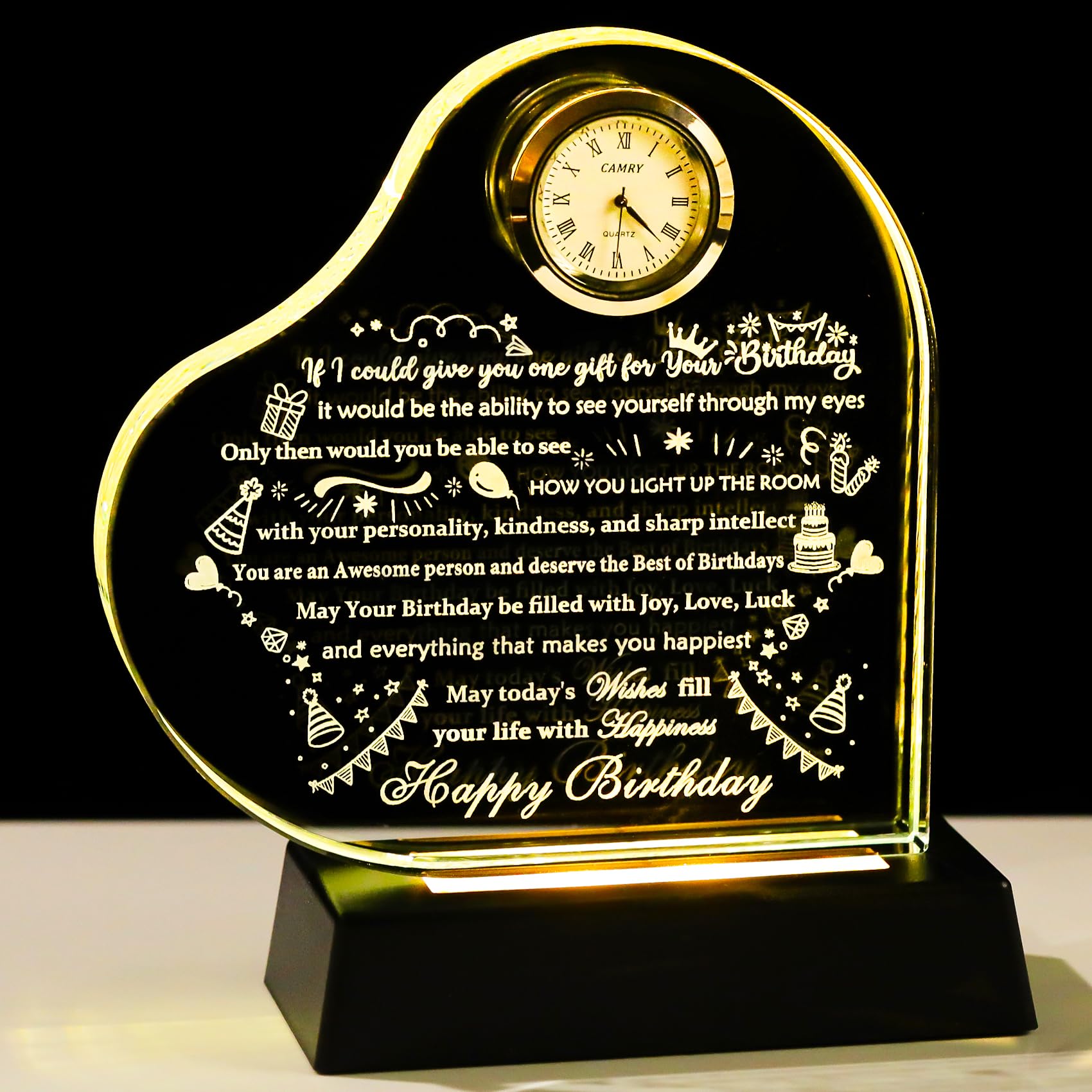 YWHL Happy Birthday Gifts for Women Men with Colorful Light Base Crystal Heart B