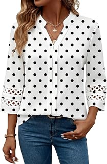 Funlingo 3/4 Sleeve Women Top V Neck Elegant Casual Blouses Lace Tunic Pleated Shirts Business Casual Outfits 2026