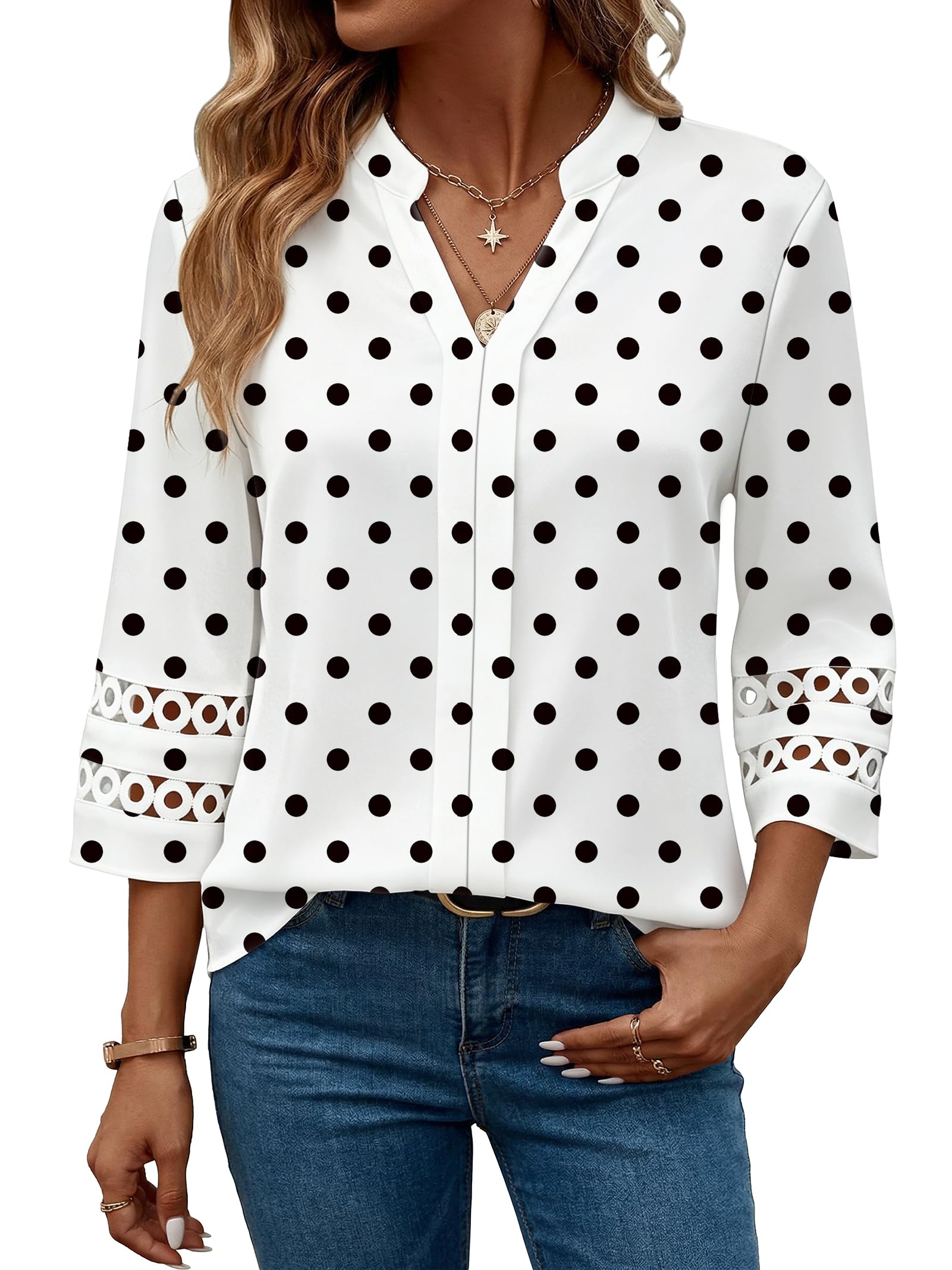 Funlingo 3/4 Sleeve Women Top V Neck Elegant Casual Blouses Lace Tunic Pleated S